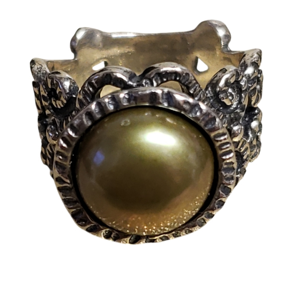 Olive Green Cultured Pearl Ring Sterling Silver Israel 925